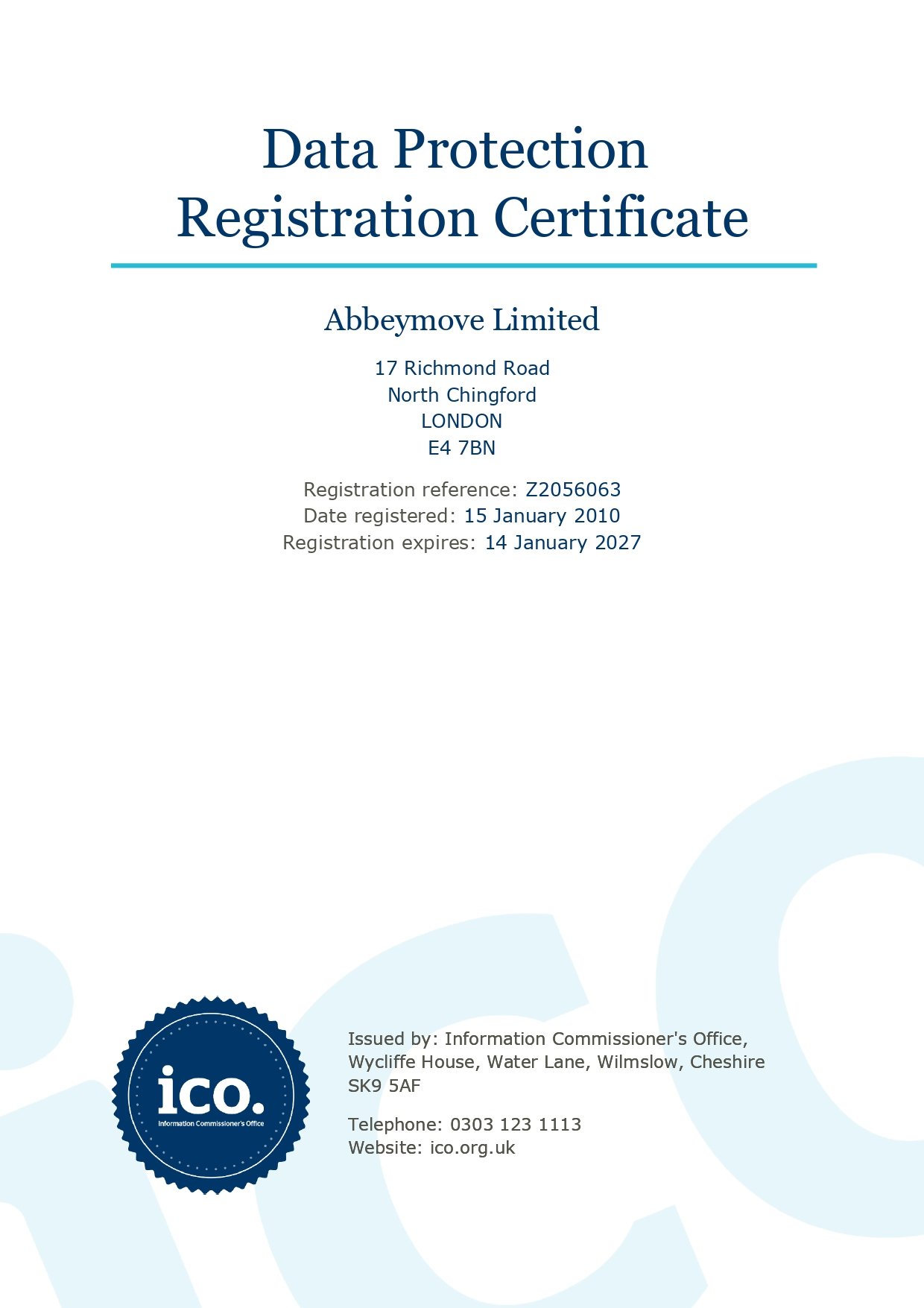 ICO registration certificate preview for Abbeymove Limited